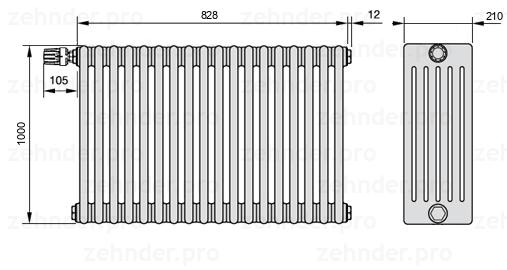 Схема (чертеж) Радиатор Zehnder Charleston 6100/18 №V011 Белый глянцевый RAL 9016